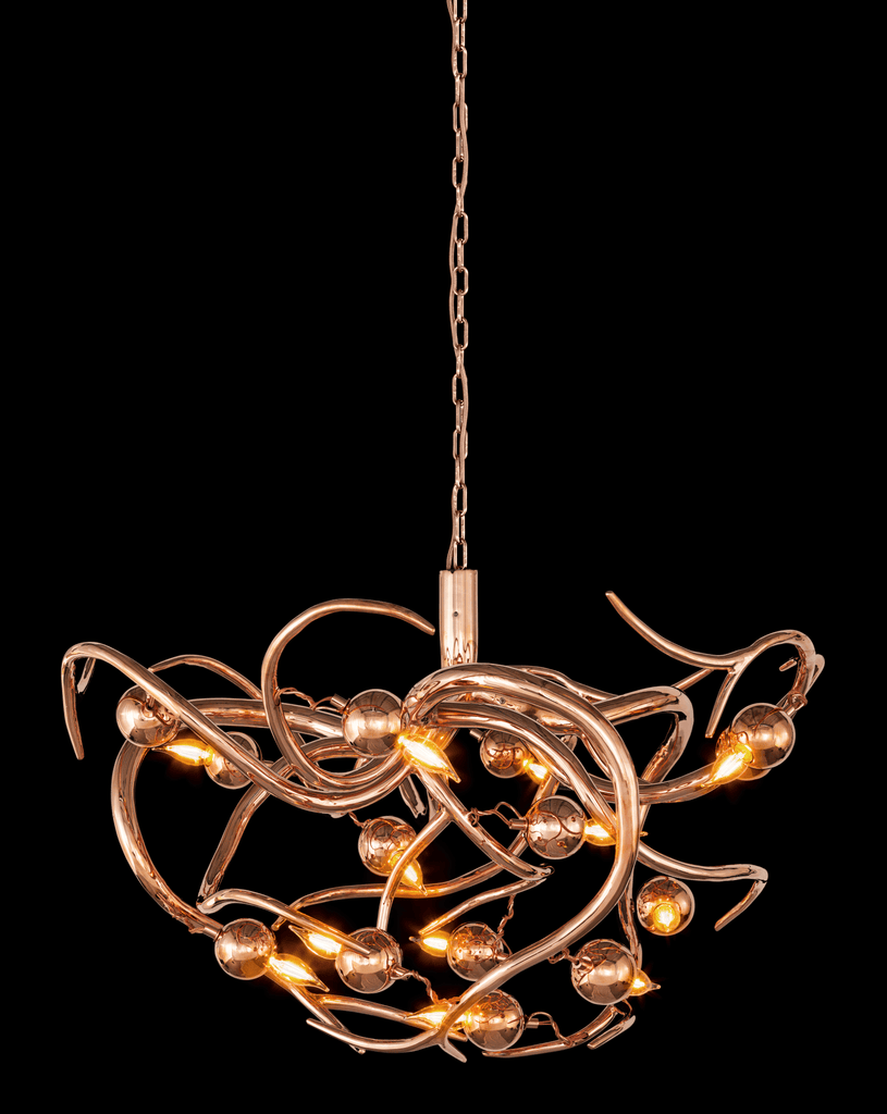 Eve Chandelier Round with rose gold branches and frosted glass globes for modern lighting