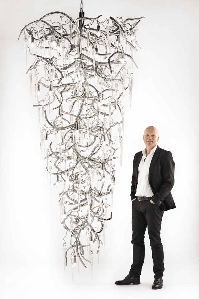 Modern Eve Icicles Chandelier Conical with multi-tiered curved metal branches and clear dangling elements