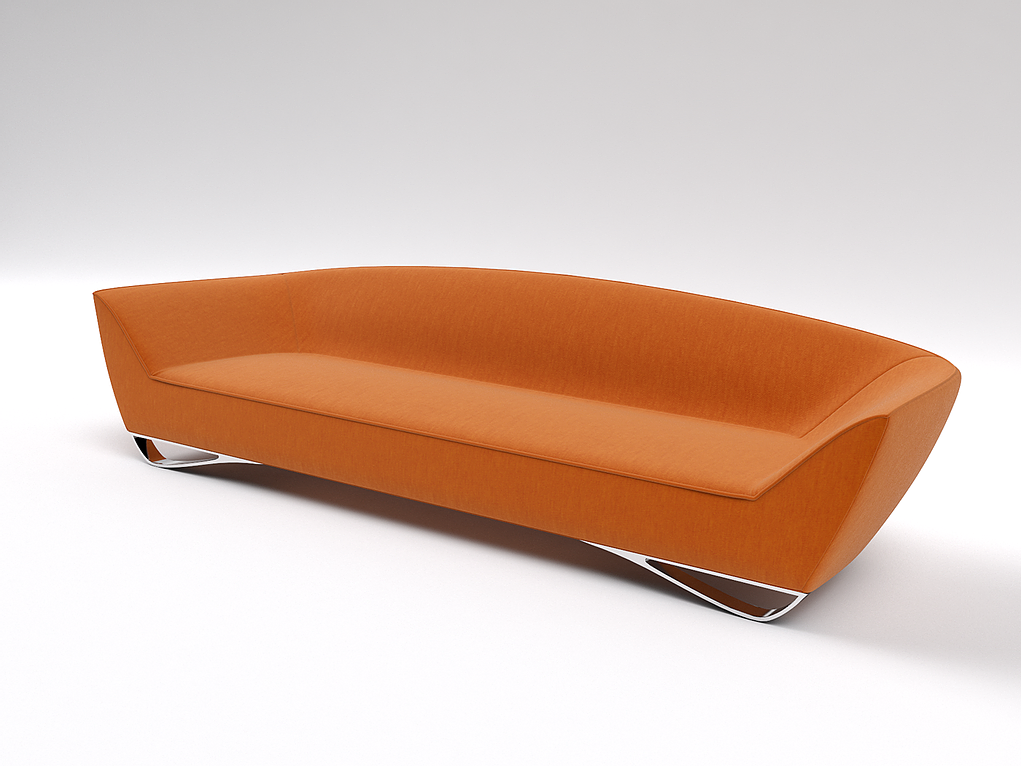 F1 Orange Modern Sofa featuring a curved back and polished metal legs