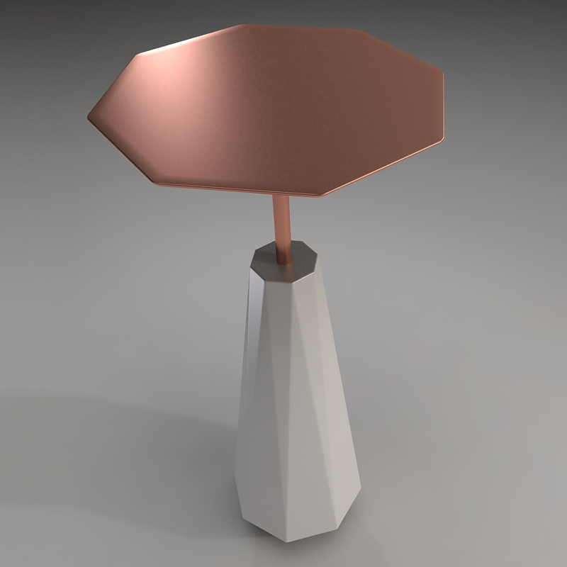Modern table lamp with copper hexagonal shade and white faceted base on Facet End Table