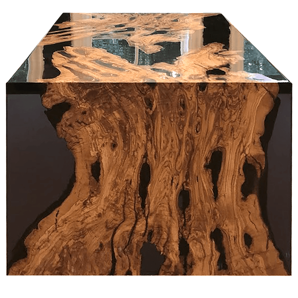 Live-edge Olive Wood Dining Table with dark resin encased slab and clear resin top