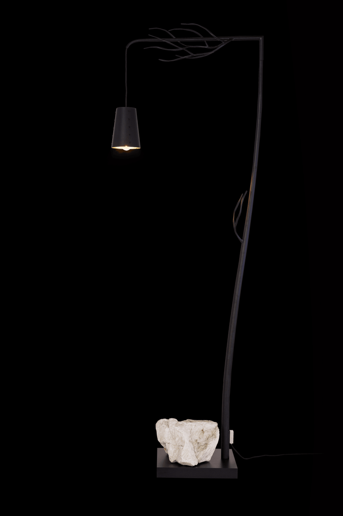 Black Flintstone Floor Lamp with hanging shade and textured white base