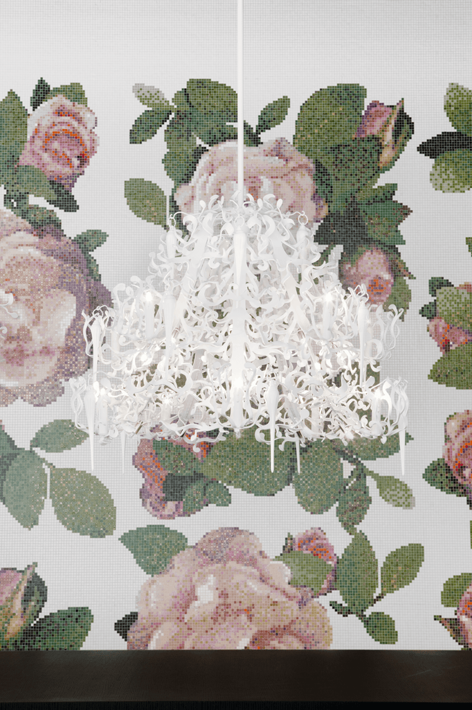 Decorative white Flower Power Chandelier Round with delicate leaf-like floral elements
