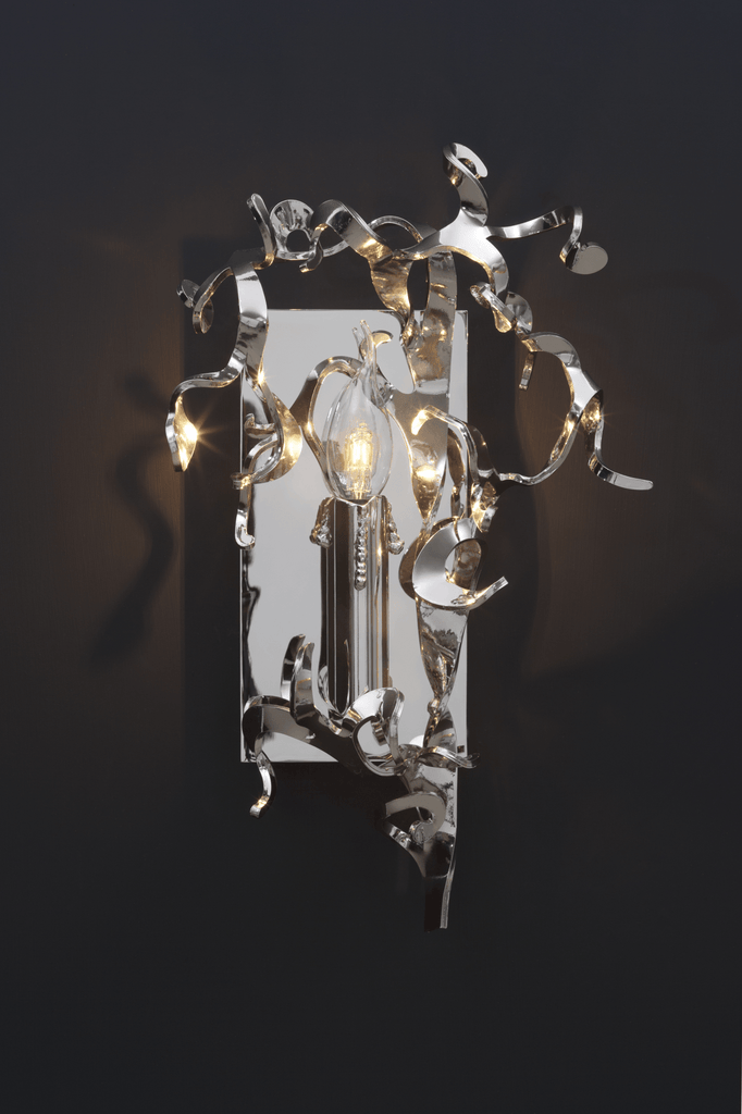 Flower Power Wall Lamp with chrome finish and abstract ribbon-like metalwork