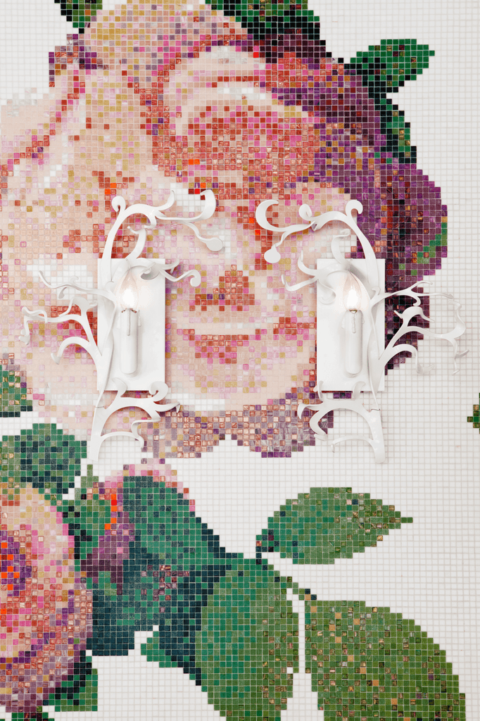 Decorative Flower Power Wall Lamp with faux candles over mosaic tile mural