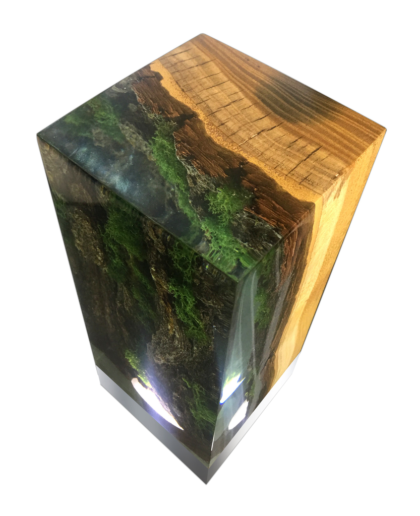 Forest Cube Table Lamp with resin and wood block featuring miniature moss and waterfall