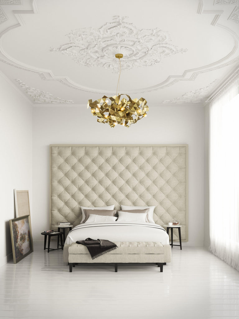 Luxurious bedroom with Fractal Chandelier Round and gold chandelier lighting