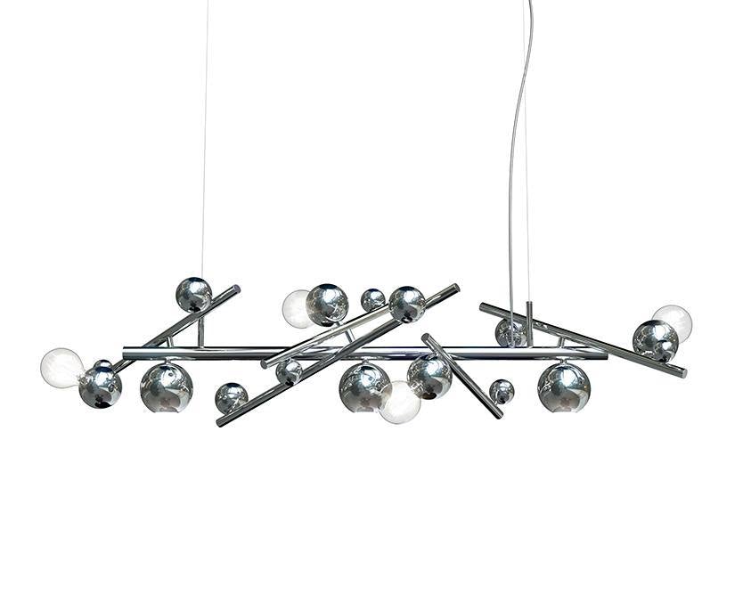 Modern chrome chandelier with clear and mercury glass spheres in Galaxy Hanging Lamp Long style