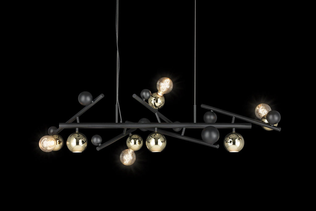 Galaxy Hanging Lamp Long with black frame and gold frosted spherical lights