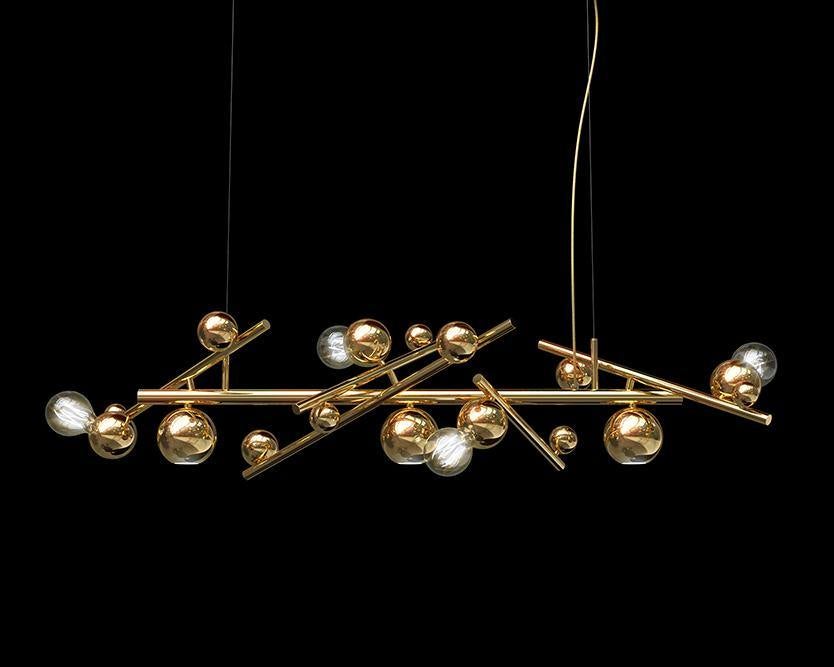 Modern brass galaxy hanging lamp long with spherical glass and mirrored globes