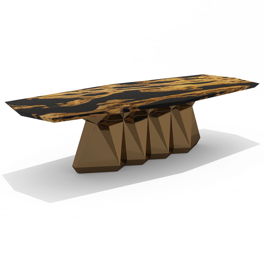 gerena olive dining table, corner octagonal dining table, olive wood dining table, resin dining table, jet black resin, polished stainless steel base, bronze finish