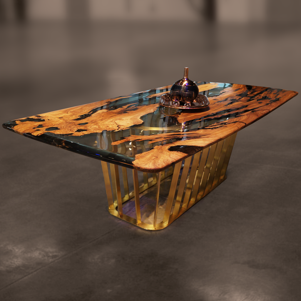 Giona Olive Dining Table with resin and wood burl top and gold metal base