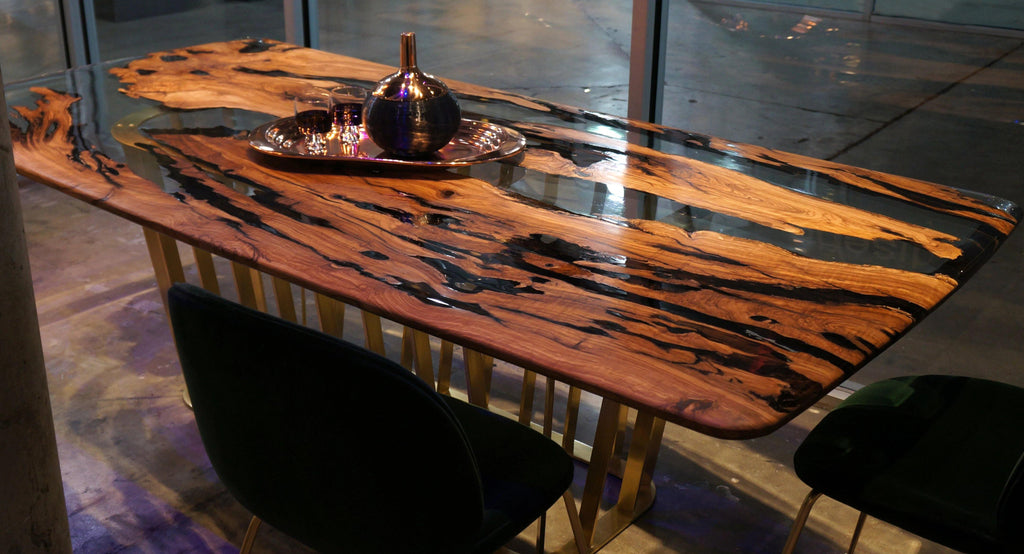 Giona Olive Dining Table with wooden surface and black resin river design
