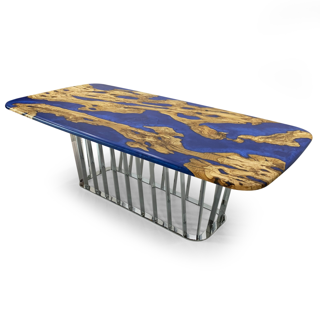 Giona Pearl Blue Olive Dining Table with blue resin and natural wood top