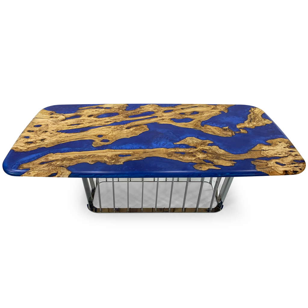 Giona Pearl Blue Olive Dining Table with live-edge wood and blue epoxy resin top