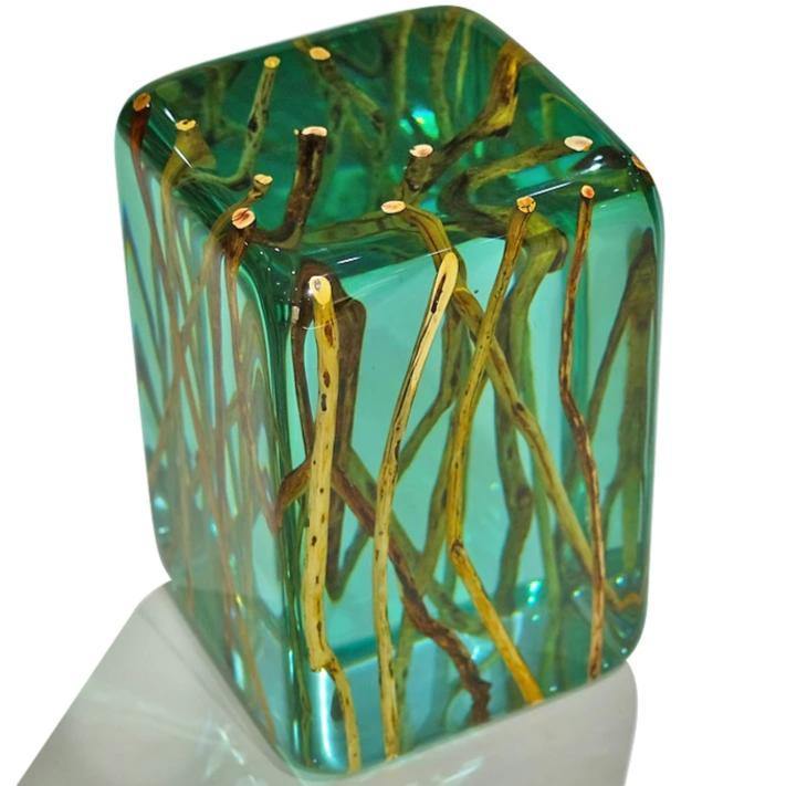 Green branches cube end table with clear resin cube featuring embedded natural twigs