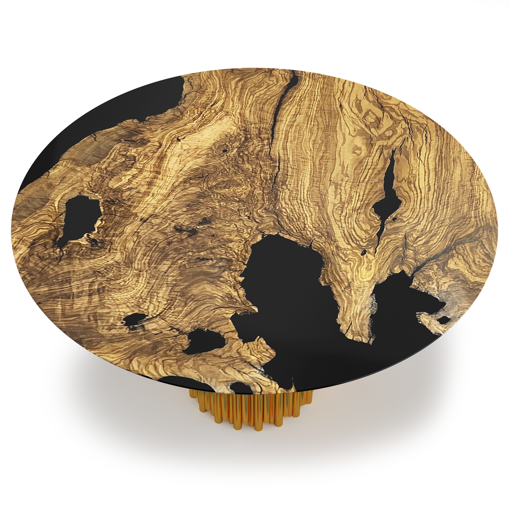 Evohe Olive Wood Round Dining Table with light brown heavily-grained top and gold base