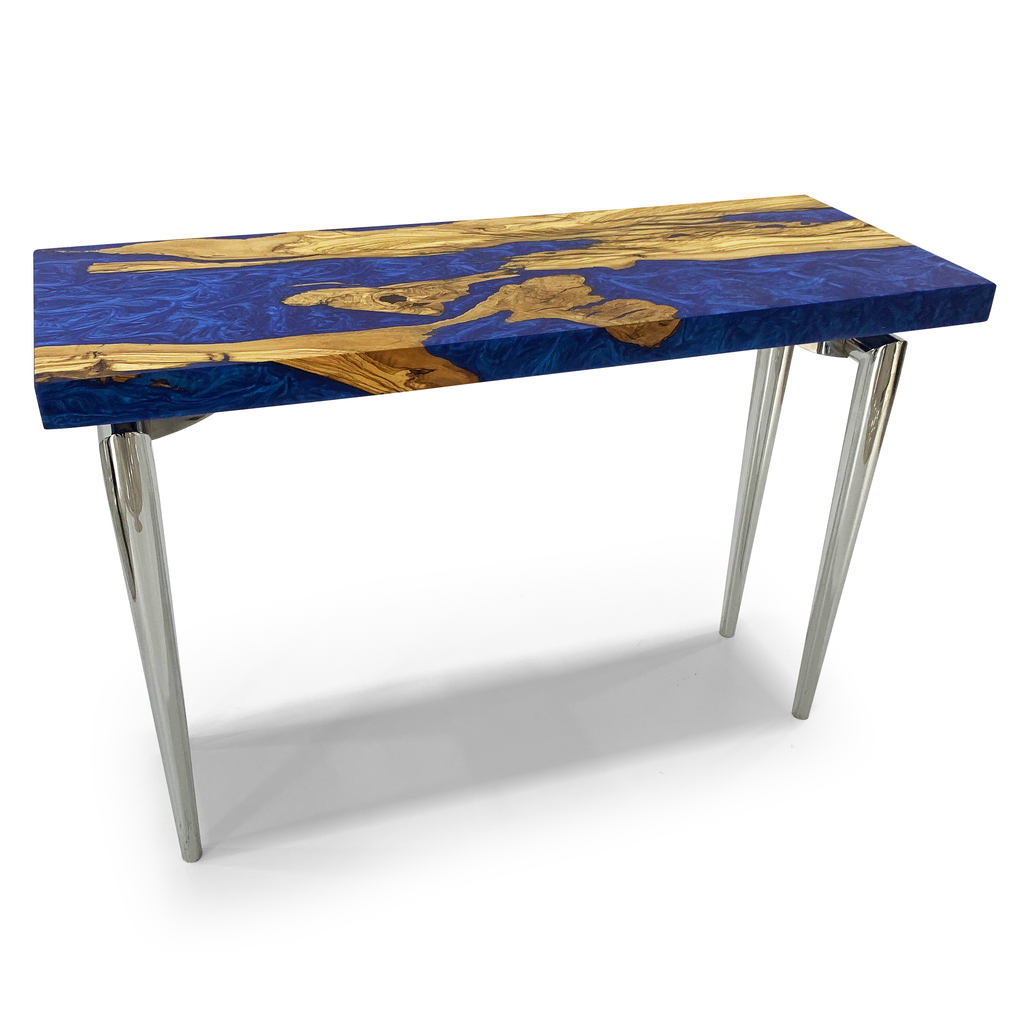 harmonia entryway table, olive wood table, resin table, entryway furniture, modern table, contemporary table, olive wood, blue resin, glossy finish, stainless steel, chrome