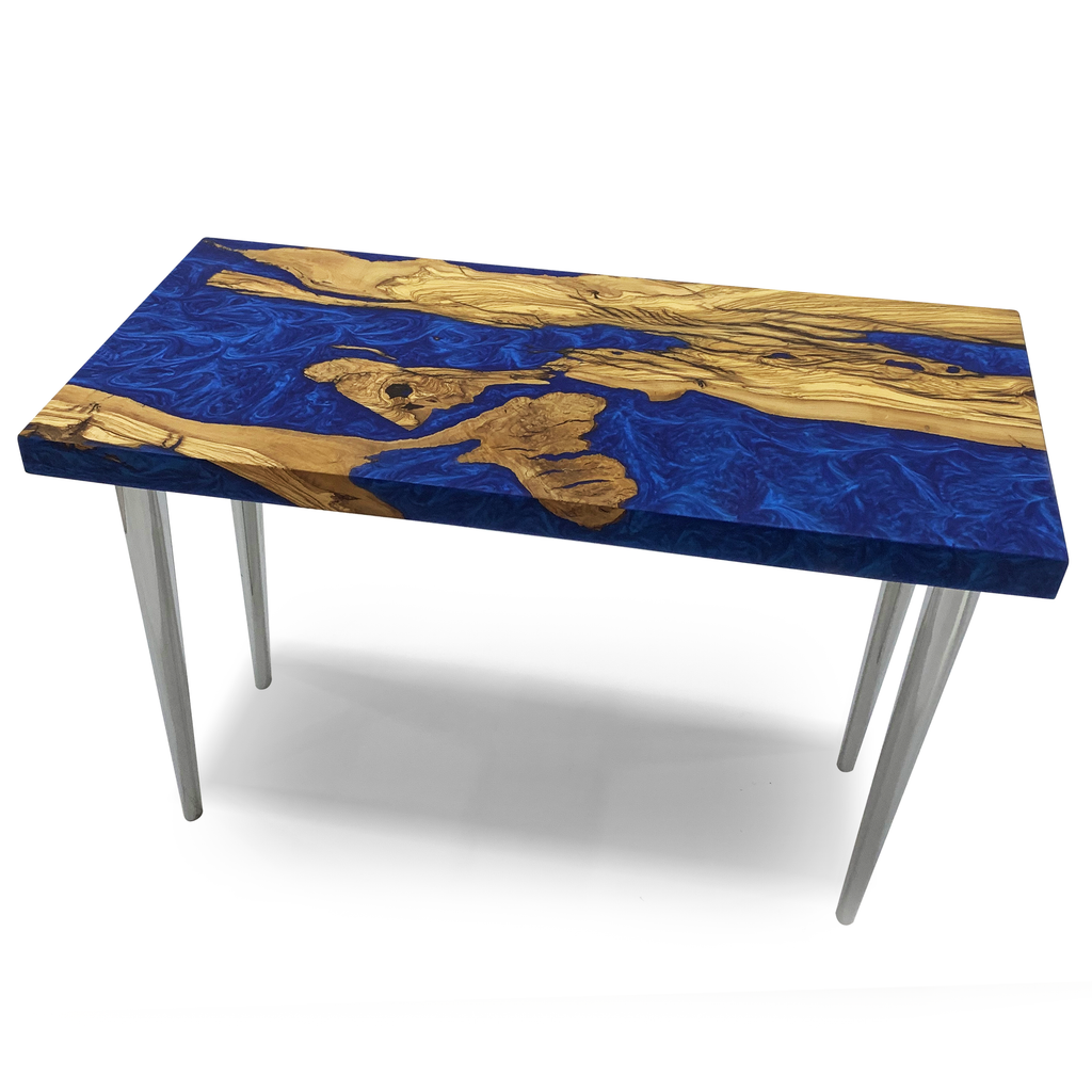 Harmonia Entryway Table with blue resin and natural wood slab tabletop and metal legs