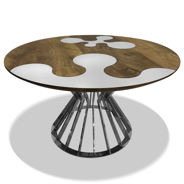 hermione round dining table, walnut wood table, stainless steel table, dining room furniture, modern table, contemporary table, walnut wood, stainless steel, polished finish, chrome