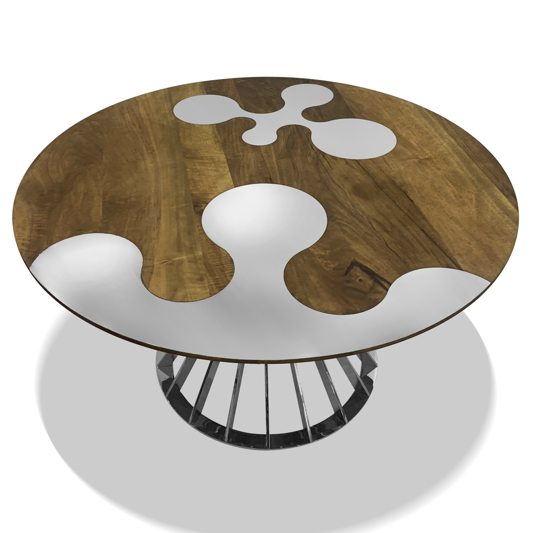 Amiata stainless steel and walnut round dining table with puzzle-piece silver inlay