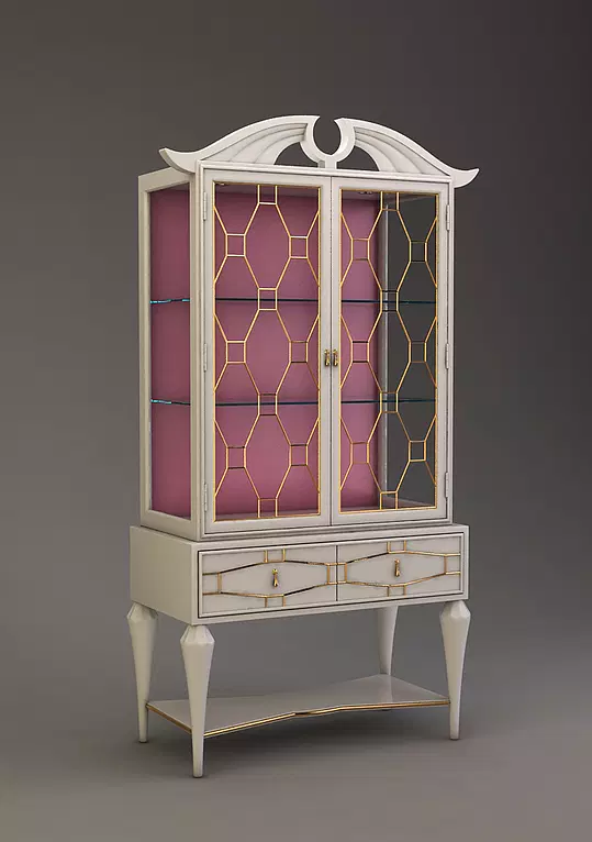 Hollandale Cabinet with glass doors gold accents pink interior and storage drawers