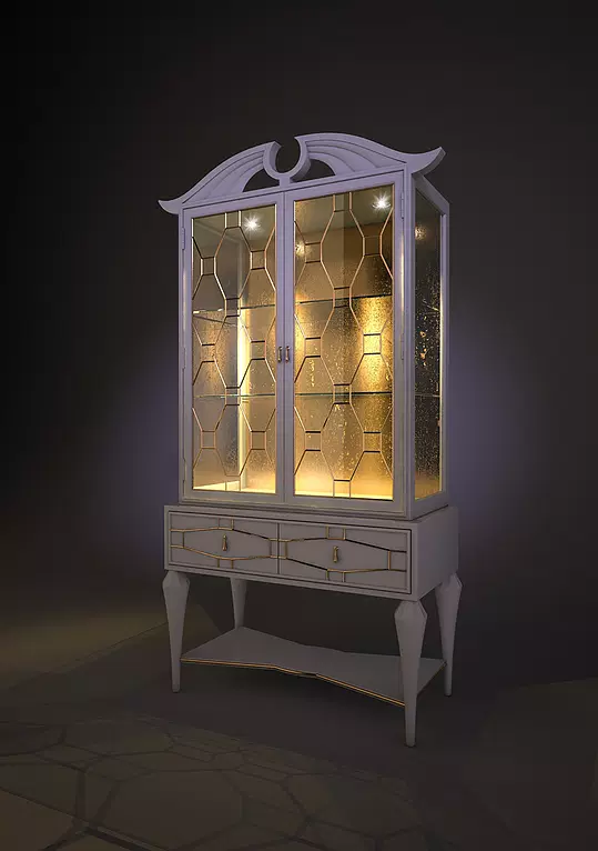 Hollandale cabinet with illuminated glass doors featuring a geometric pattern and two drawers