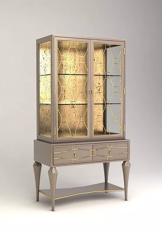 Hollandale Cabinet light taupe display cabinet with glass doors gold geometric overlays