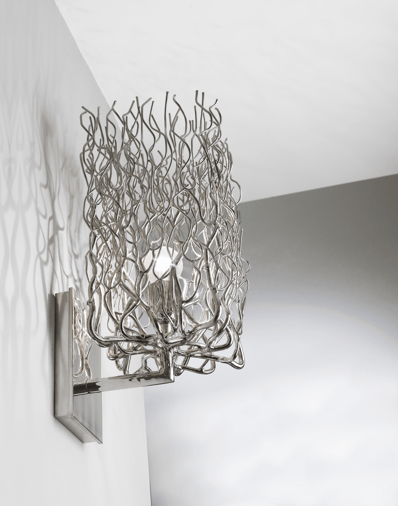 Hollywood Block Wall Lamp with shimmering sculptural metal shade resembling tangled branches