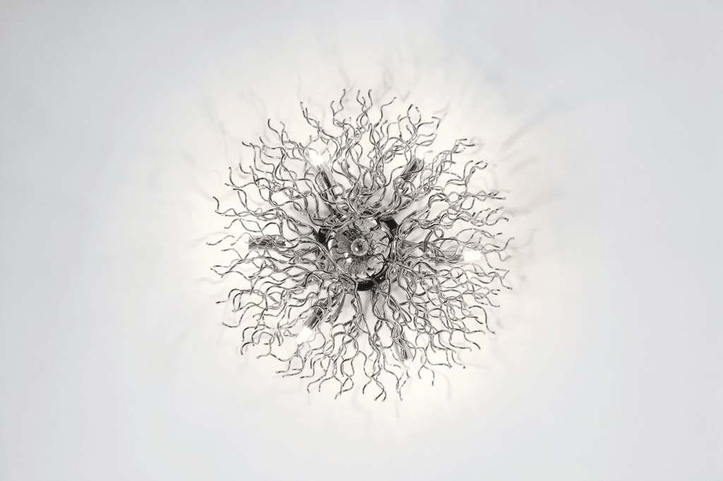 Metallic silver Hollywood ceiling lamp round with spiky branch-like chandelier design