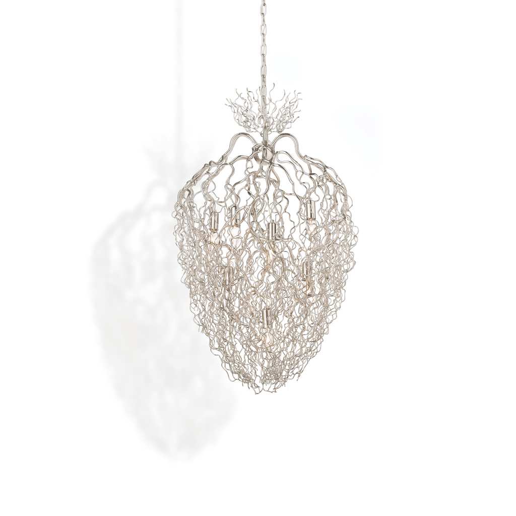 Silver-toned Hollywood Chandelier Conical with heart-shaped wireframe design and multiple lights