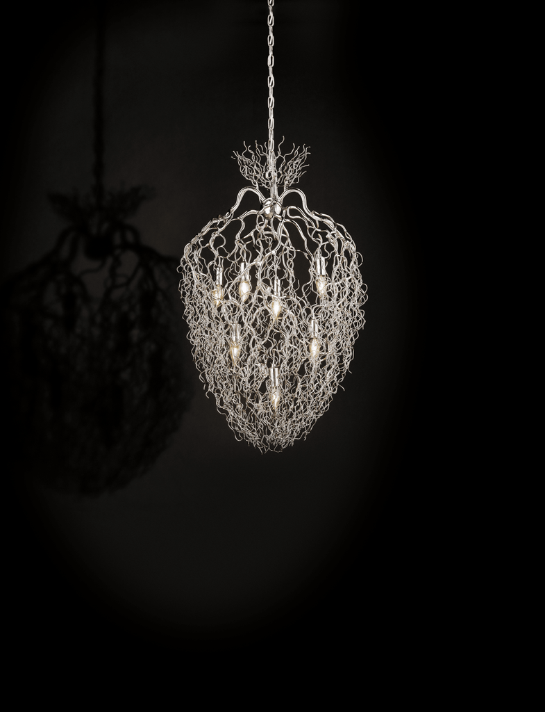 Modern Hollywood Chandelier Conical with tangled nest design and exposed bulbs in silver finish