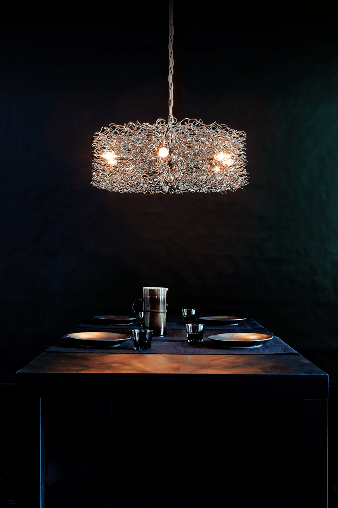 Hollywood Chandelier Round featuring a metallic tangled mesh design with three bulbs