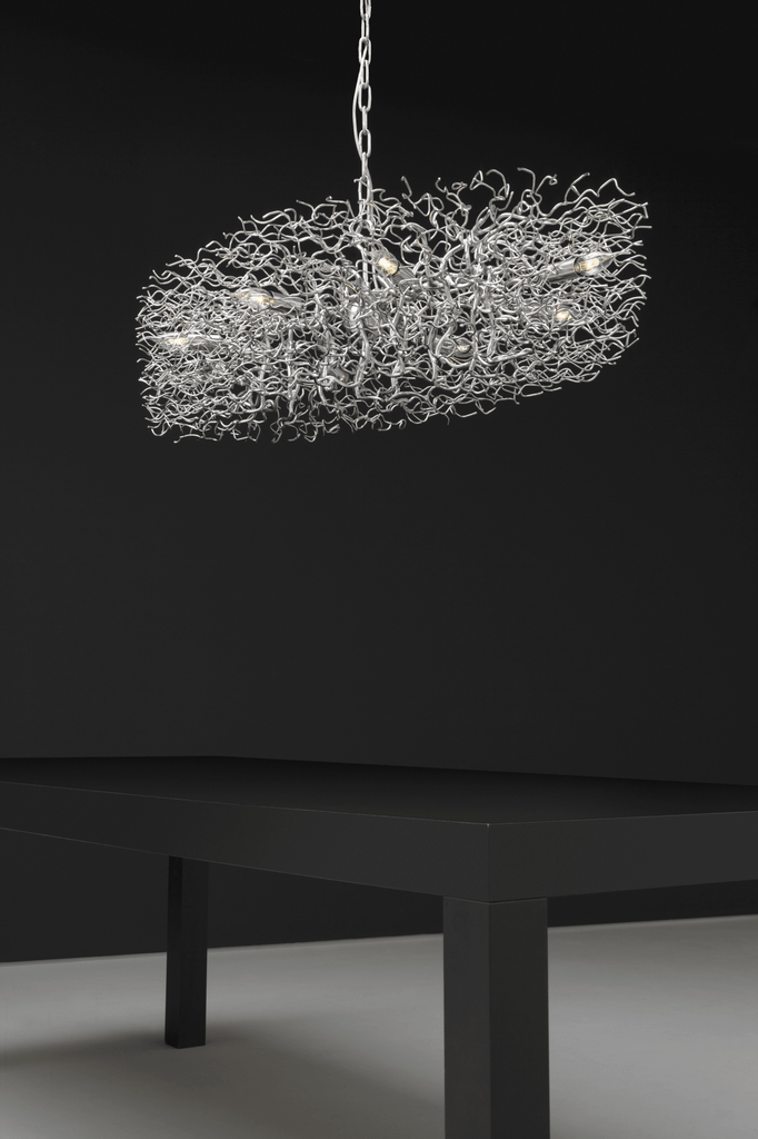 Hollywood Chandelier Round with modern tangled silver wires and multiple light sources