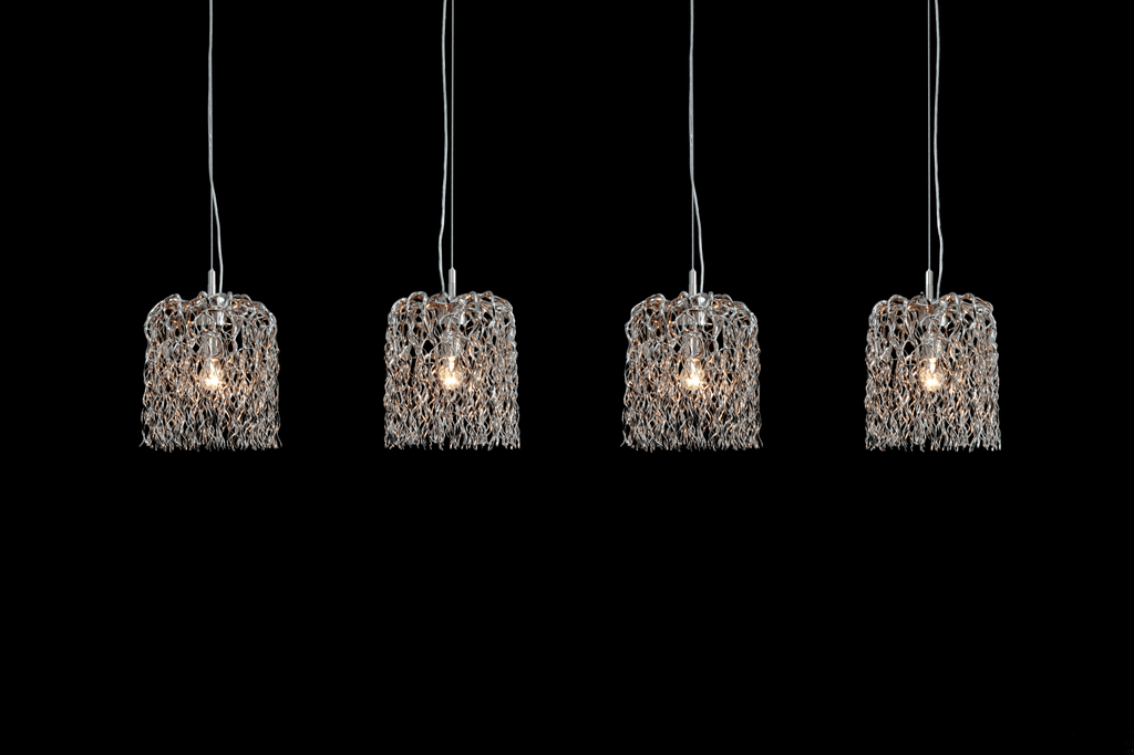 Hollywood inline hanging lamp with four modern metallic mesh pendant lights