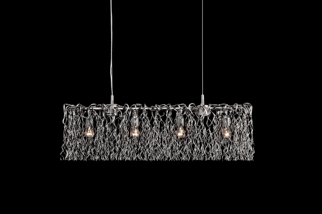 Hollywood Long Hanging lamp with metallic mesh shade and four exposed bulbs