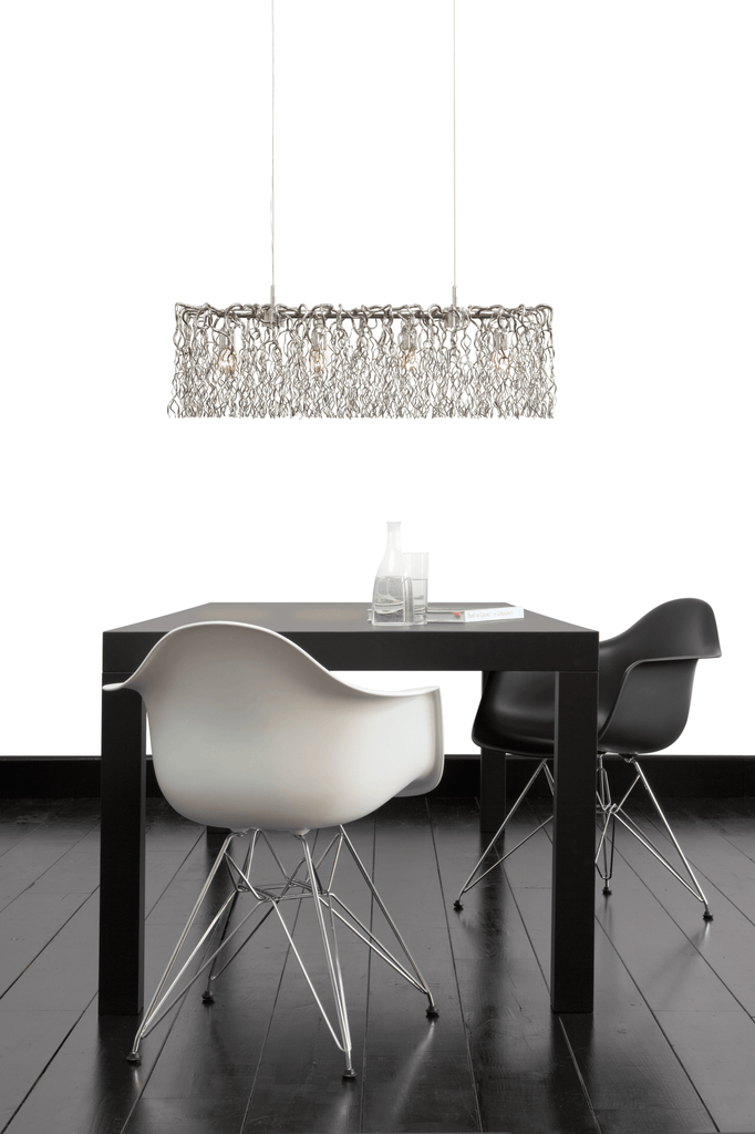 Hollywood Long Hanging lamp featuring a modern rectangular chandelier with dangling silver chains