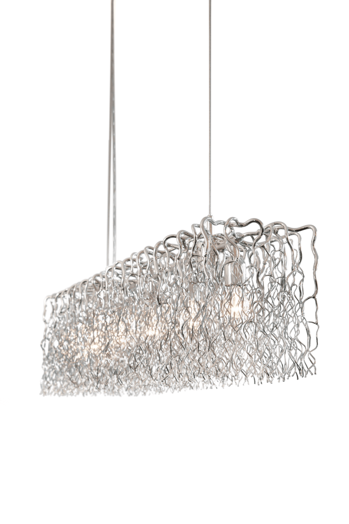 Hollywood Long Hanging lamp with modern rectangular silver frame and exposed bulbs