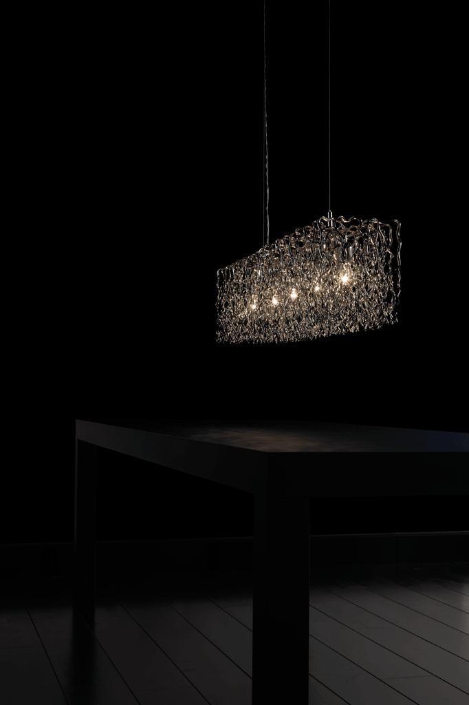 Hollywood Long Hanging Lamp with modern textured metallic mesh shade and five exposed bulbs