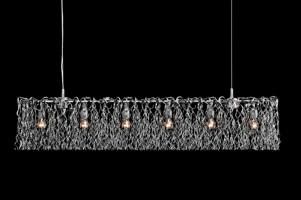 Hollywood Long Hanging Lamp with textured silvery mesh shade and eight light bulbs