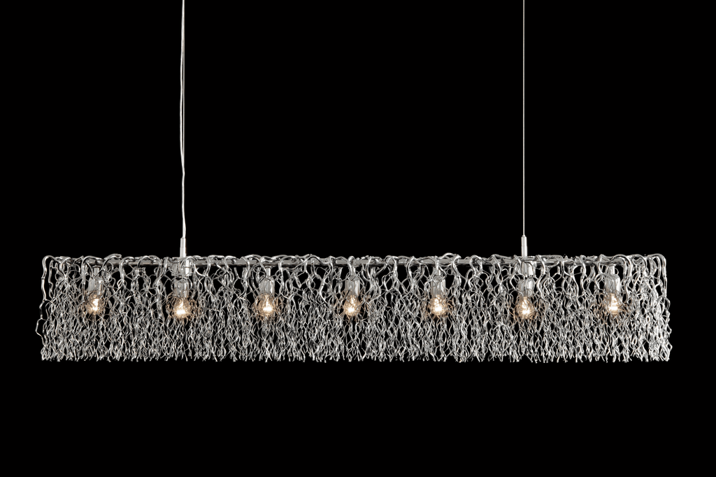 Hollywood Long Hanging Lamp with seven exposed bulbs and textured woven metal frame