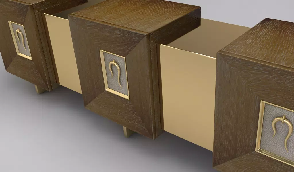 Huddelston Sideboard with wooden cabinet and gold-colored drawers with decorative metal handles