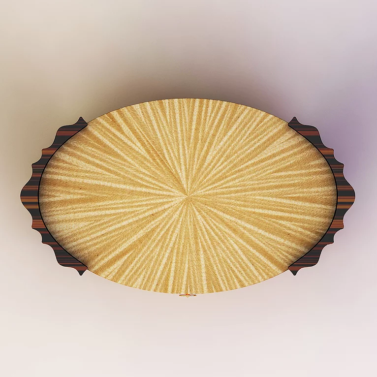 Hudson Table with oval wooden top featuring starburst veneer pattern and dark edge trim