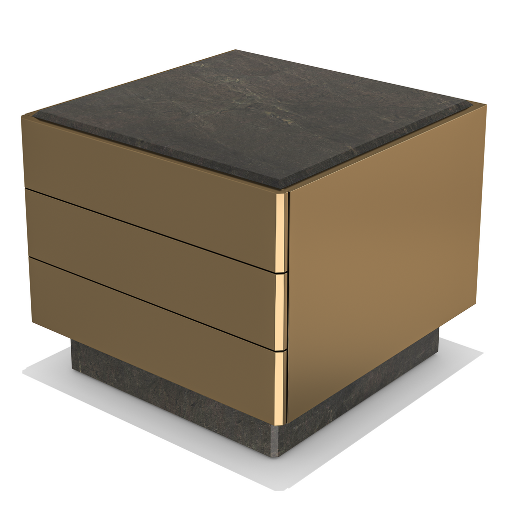 Modern Charites Metal Resin Nightstand with dark stone top and bronze drawers