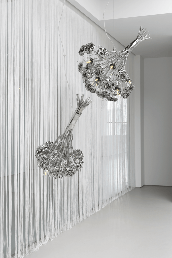 La Vie En Rosa hanging lamp bouquet with ornate silver-toned inverted bouquet fixtures