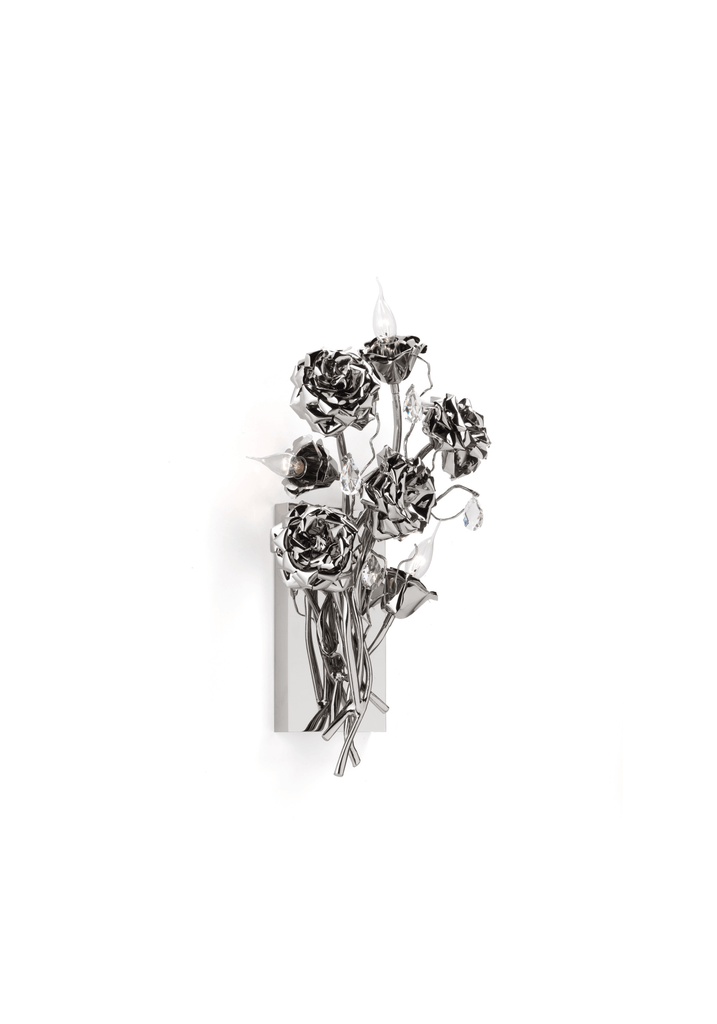 Bouquet of six metallic silver roses in a clear vase for La Vie En Rosa Wall Lamp display