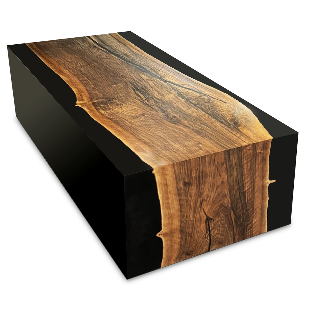 Black Monoblock Walnut Coffee Table featuring live-edge walnut wood and black resin finish