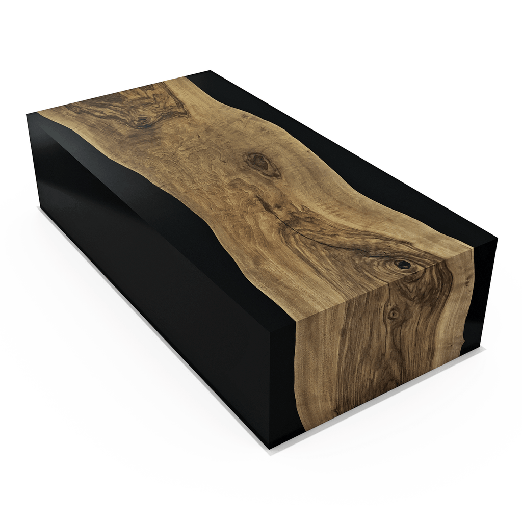 Modern Black Monoblock Walnut Coffee Table with Live-Edge Wood and Black Resin