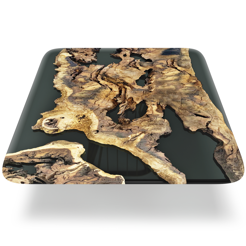 Dark resin Amiata Olive Wood Square Dining Table with embedded natural olive wood pieces