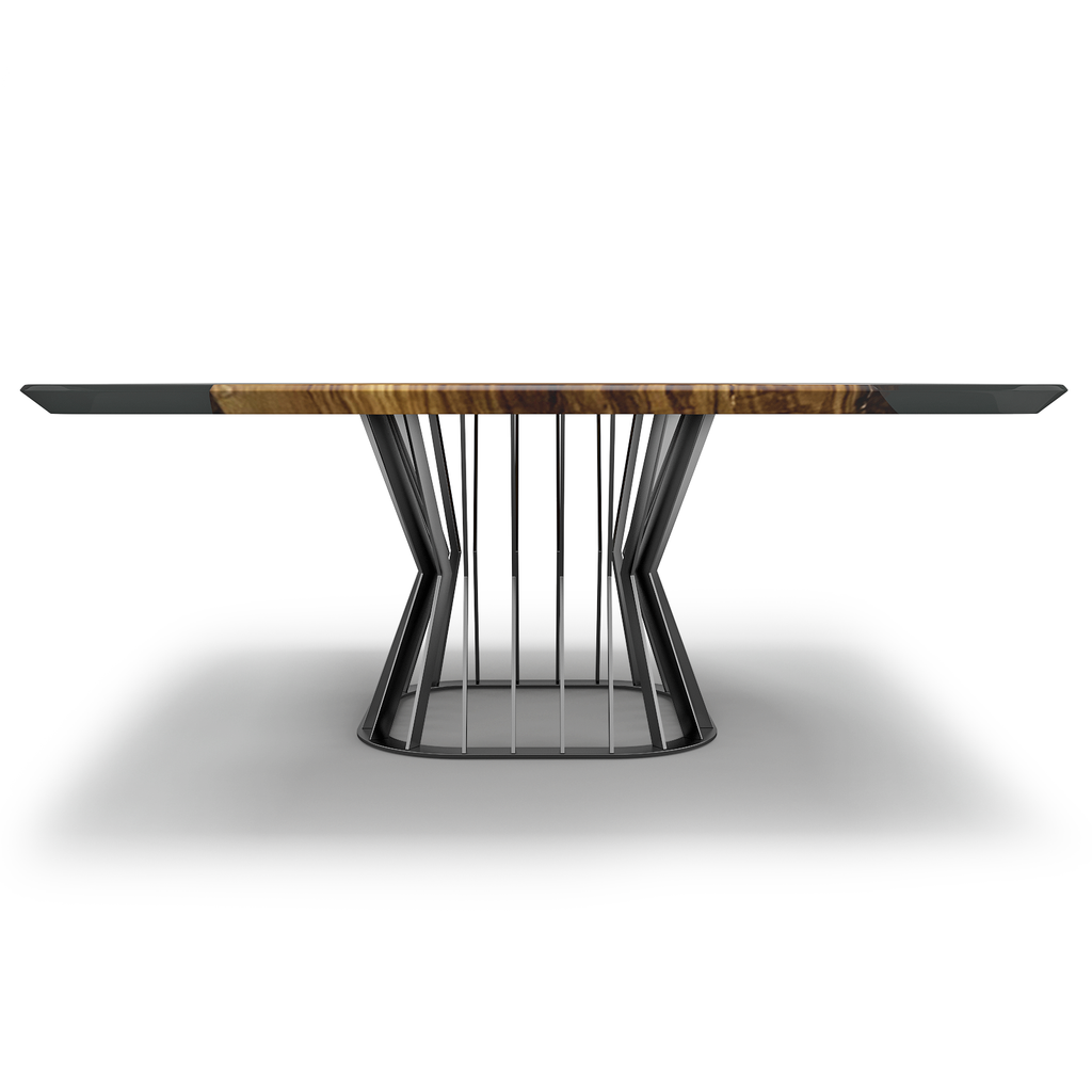Amiata Olive Wood Square Dining Table with rectangular top and hourglass metal base